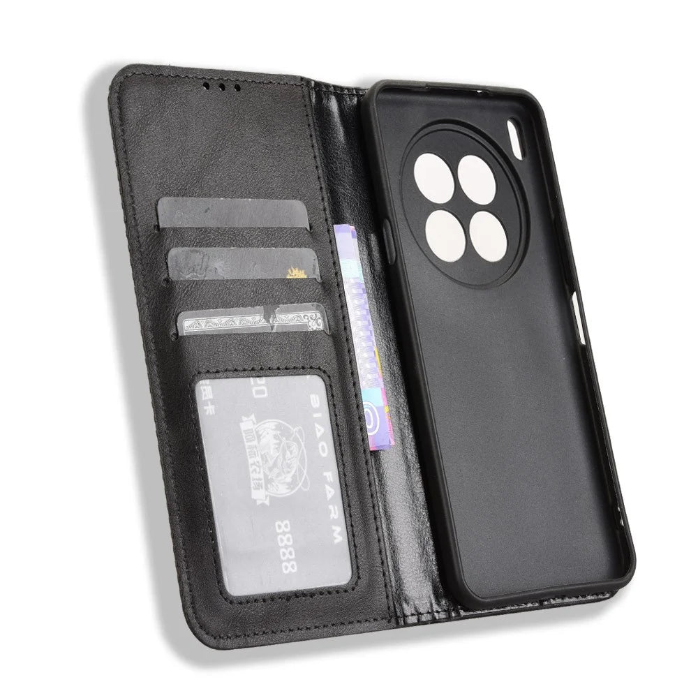 For TECNO Camon 40 Premier 5G Retro PU Leather Case Phone Wallet Stand Cover - Black - 4