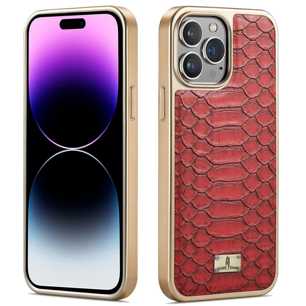 FIERRE SHANN For iPhone 14 Pro Electroplated Python Texture PU Leather Coated TPU Phone Back Case Anti-fall Cover - Red - 1