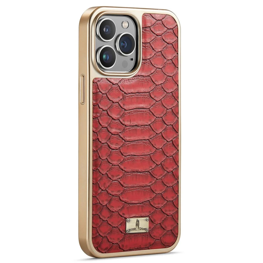 FIERRE SHANN For iPhone 14 Pro Electroplated Python Texture PU Leather Coated TPU Phone Back Case Anti-fall Cover - Red - 2