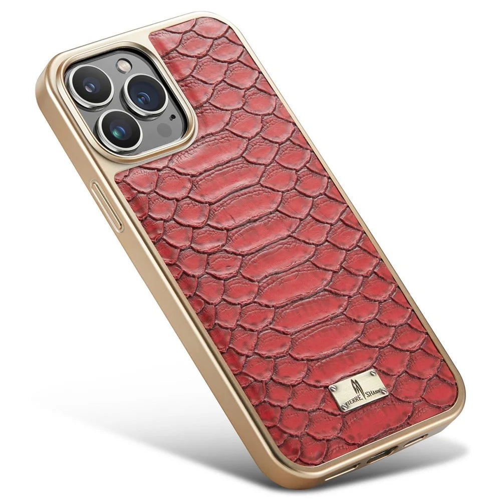 FIERRE SHANN For iPhone 14 Pro Electroplated Python Texture PU Leather Coated TPU Phone Back Case Anti-fall Cover - Red - 4
