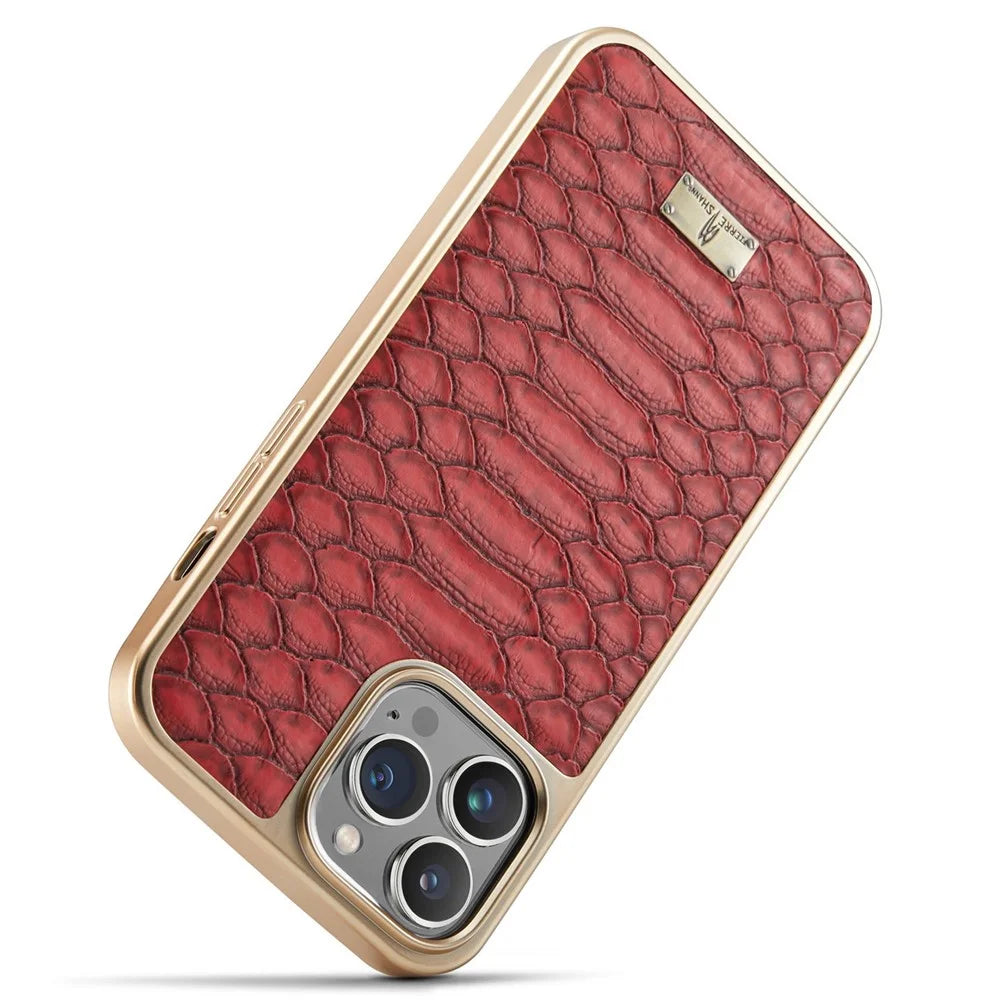 FIERRE SHANN For iPhone 14 Pro Electroplated Python Texture PU Leather Coated TPU Phone Back Case Anti-fall Cover - Red - 5
