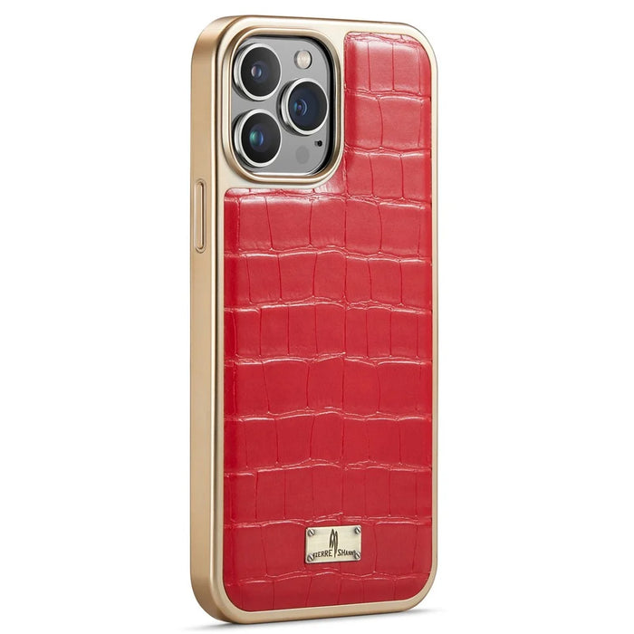 FIERRE SHANN For iPhone 14 Pro Max Electroplated Crocodile Texture PU Leather Coated TPU Case Anti-drop Anti-scratch Back Cover - Red - 2