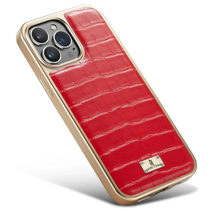 FIERRE SHANN For iPhone 14 Pro Max Electroplated Crocodile Texture PU Leather Coated TPU Case Anti-drop Anti-scratch Back Cover - Red - 4