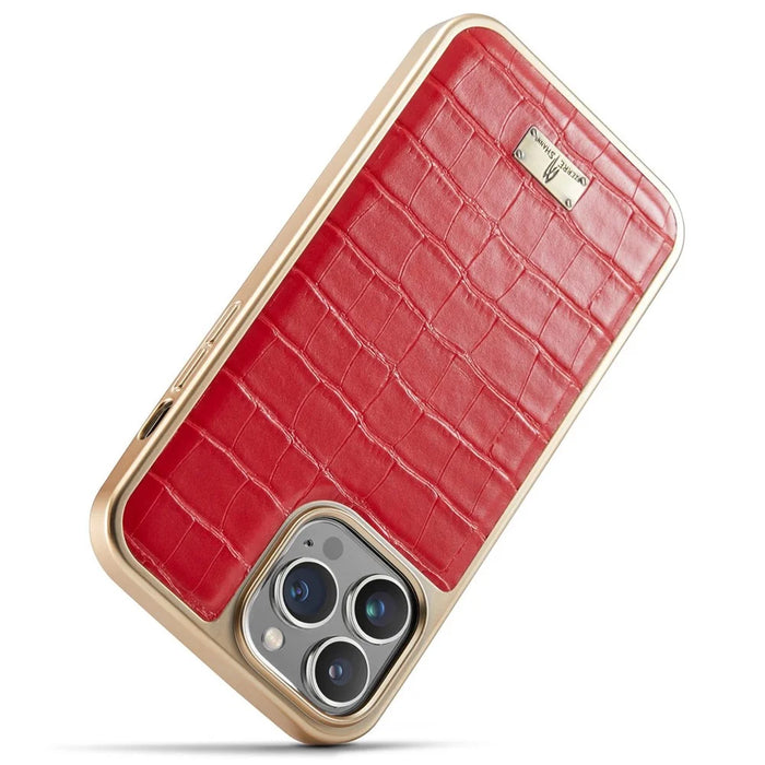 FIERRE SHANN For iPhone 14 Pro Max Electroplated Crocodile Texture PU Leather Coated TPU Case Anti-drop Anti-scratch Back Cover - Red - 5