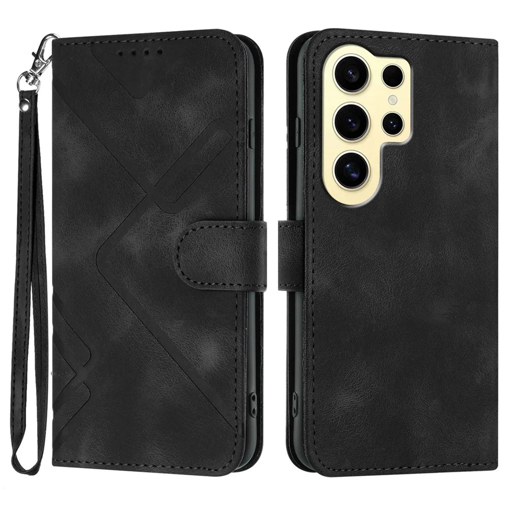 For Samsung Galaxy S24 Ultra Wallet Case Line Imprinted PU Leather Phone Cover with Strap - Black - 1