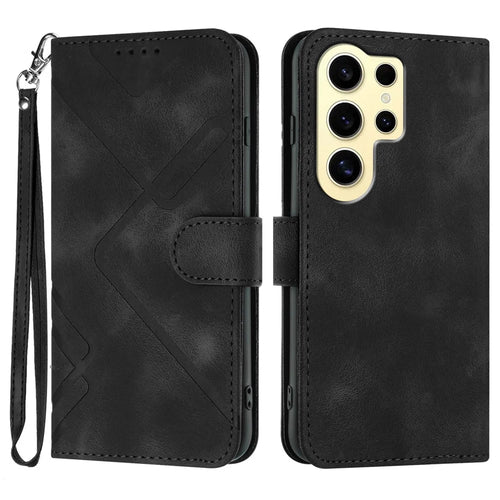 For Samsung Galaxy S24 Ultra Wallet Case Line Imprinted PU Leather Phone Cover with Strap - Black - 1