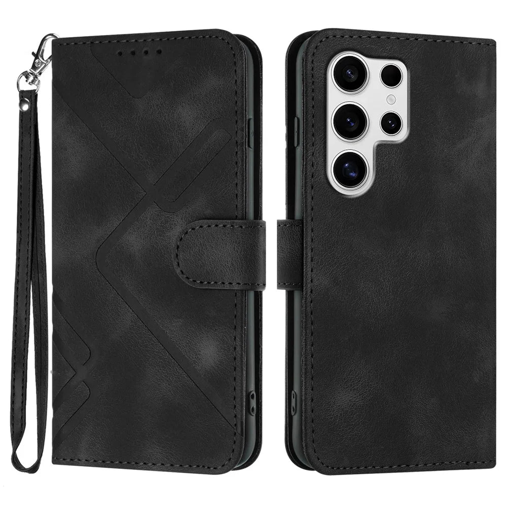For Samsung Galaxy S25 Ultra Wallet Case Line Imprinted PU Leather Phone Cover with Strap - Black - 1