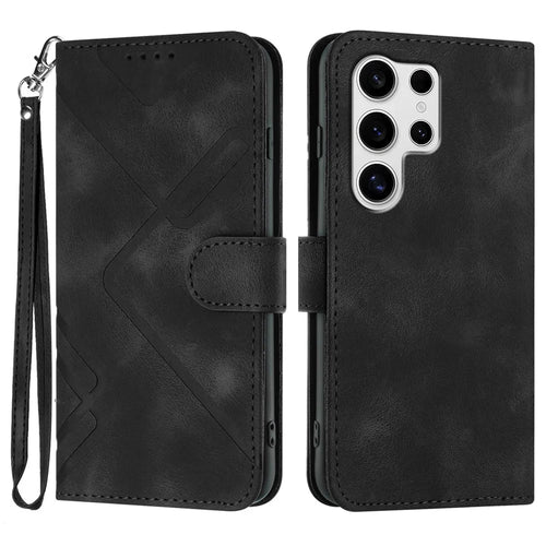 For Samsung Galaxy S25 Ultra Wallet Case Line Imprinted PU Leather Phone Cover with Strap - Black - 1