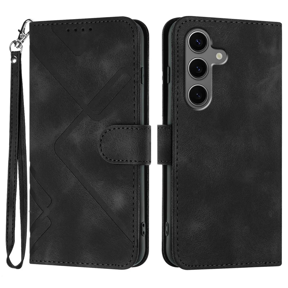 For Samsung Galaxy S24+ / Galaxy S25+ Wallet Case Line Imprinted PU Leather Phone Cover with Strap - Black - 1