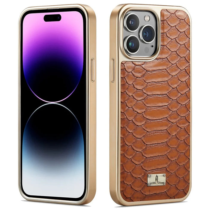 FIERRE SHANN For iPhone 14 Pro Max Python Texture PU Leather Coated TPU Phone Back Case Electroplated Protective Cover - Brown - 1