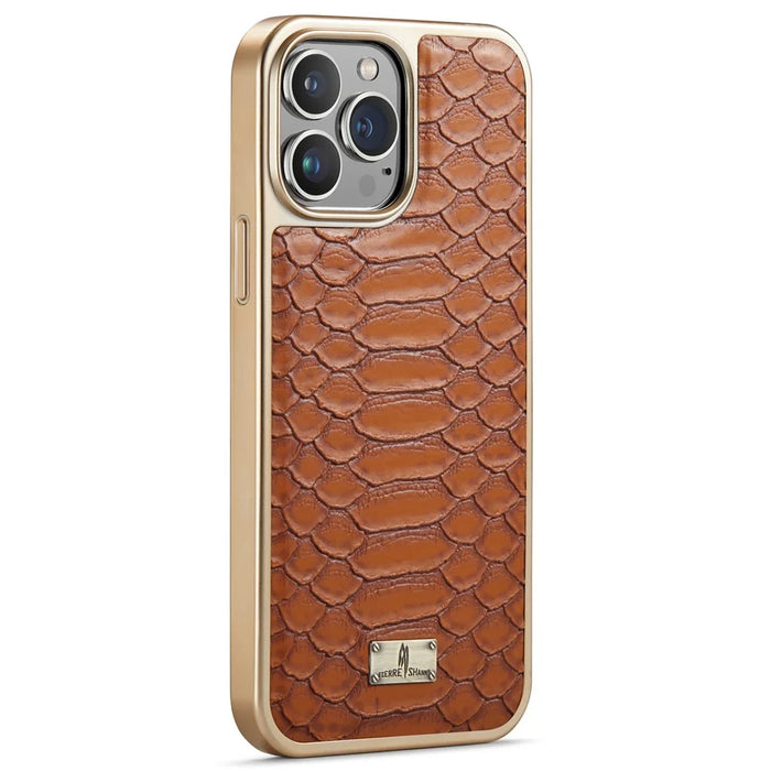 FIERRE SHANN For iPhone 14 Pro Max Python Texture PU Leather Coated TPU Phone Back Case Electroplated Protective Cover - Brown - 2
