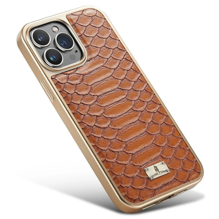 FIERRE SHANN For iPhone 14 Pro Max Python Texture PU Leather Coated TPU Phone Back Case Electroplated Protective Cover - Brown - 4