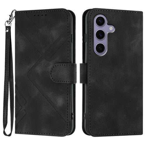 For Samsung Galaxy S24 / Galaxy S25 Wallet Case Line Imprinted PU Leather Phone Cover with Strap - Black - 1