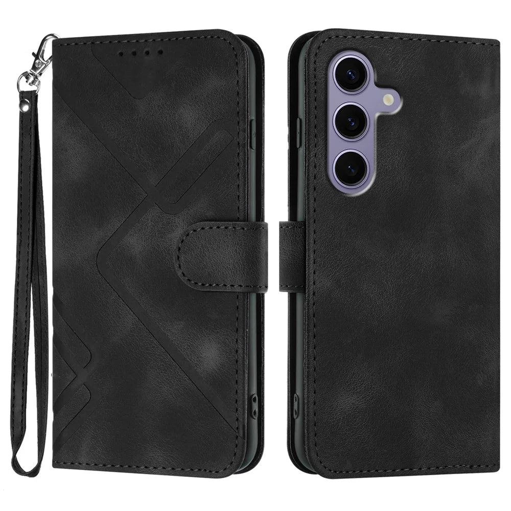 For Samsung Galaxy S24 / Galaxy S25 Wallet Case Line Imprinted PU Leather Phone Cover with Strap - Black - 1