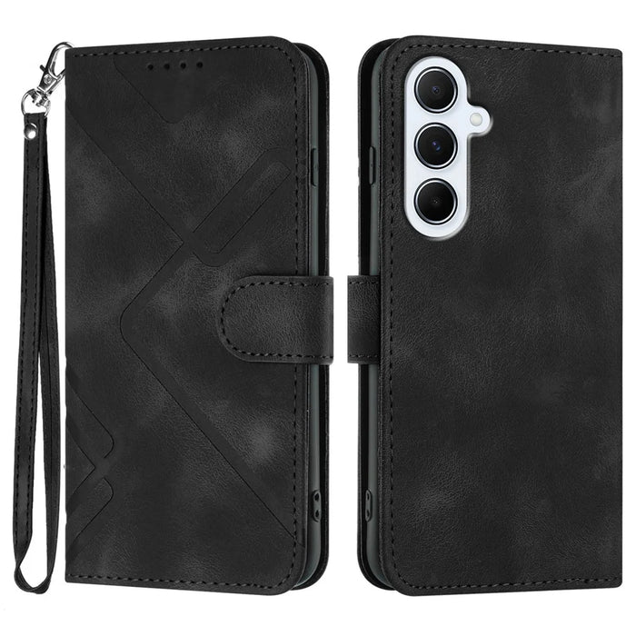For Samsung Galaxy A56 5G Wallet Case Line Imprinted PU Leather Phone Cover with Strap - Black - 1