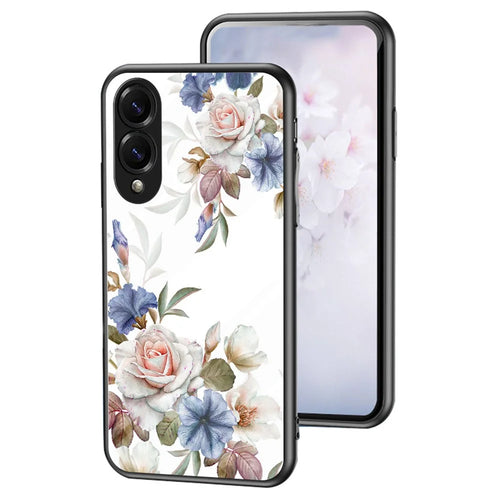 For Samsung Galaxy S25 Edge Case Floral Pattern TPU + Tempered Glass Protective Phone Cover - White Flower Bush - 1