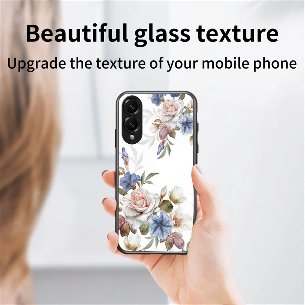 For Samsung Galaxy S25 Edge Case Floral Pattern TPU + Tempered Glass Protective Phone Cover - White Flower Bush - 3