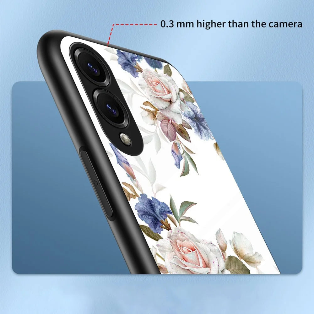 For Samsung Galaxy S25 Edge Case Floral Pattern TPU + Tempered Glass Protective Phone Cover - White Flower Bush - 4