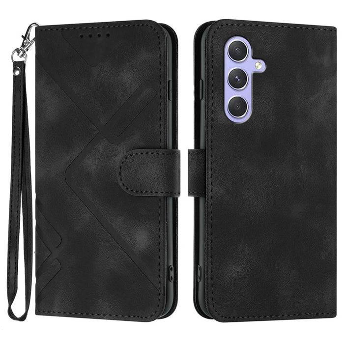 For Samsung Galaxy A55 5G Wallet Case Line Imprinted PU Leather Phone Cover with Strap - Black - 1