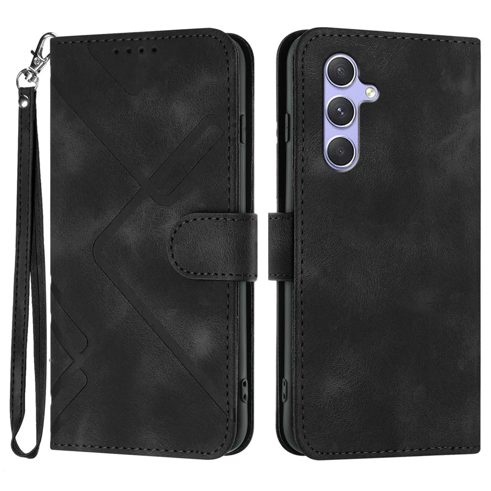 For Samsung Galaxy A54 5G Wallet Case Line Imprinted PU Leather Phone Cover with Strap - Black - 1
