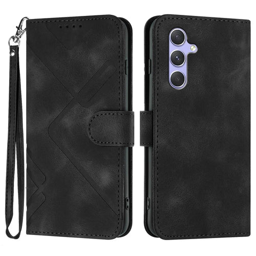 For Samsung Galaxy A54 5G Wallet Case Line Imprinted PU Leather Phone Cover with Strap - Black - 1