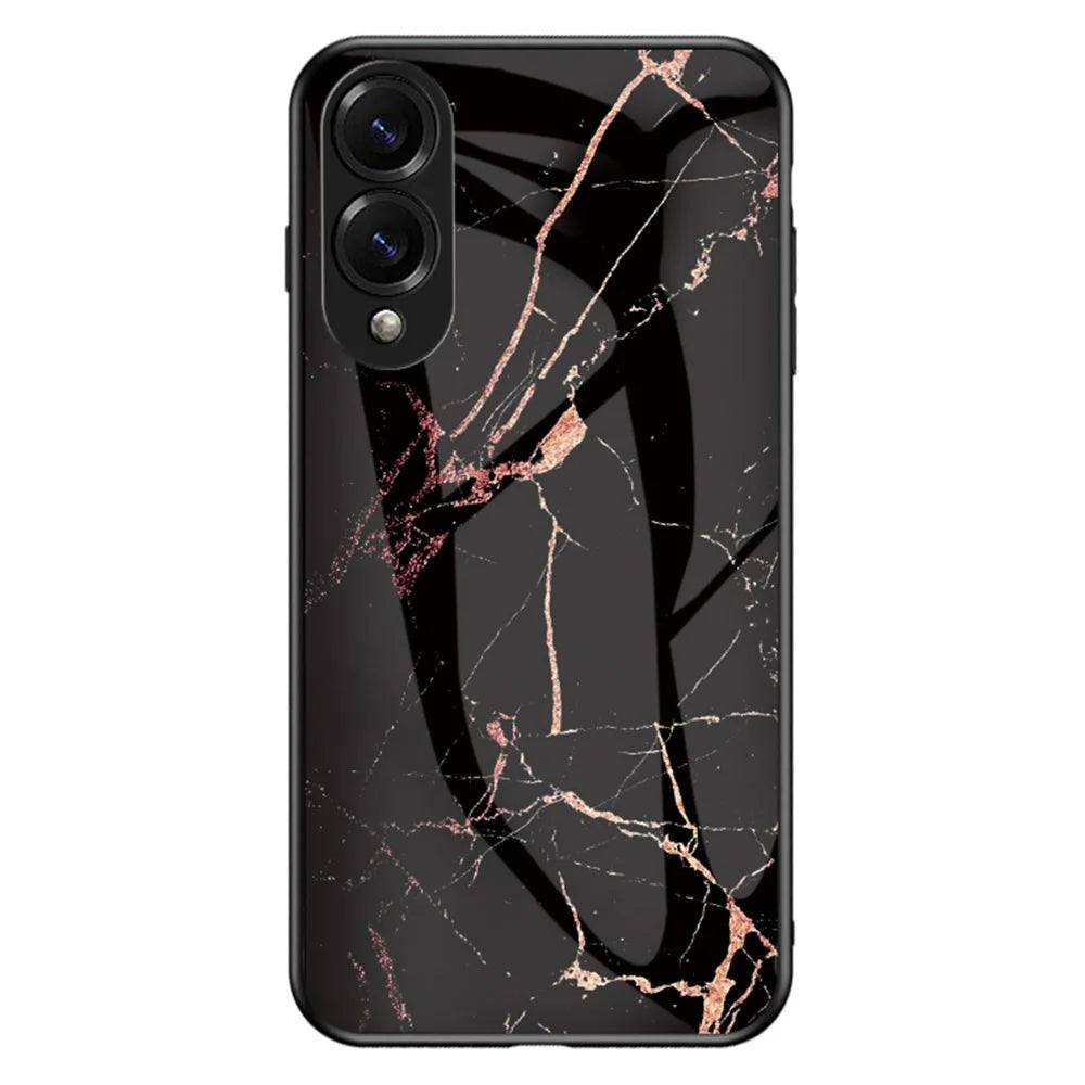 For Samsung Galaxy S25 Edge Case Marble Pattern Tempered Glass + PC + TPU Protective Phone Cover - Gold Black Marble - 1