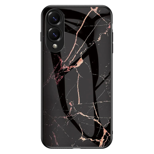 For Samsung Galaxy S25 Edge Case Marble Pattern Tempered Glass + PC + TPU Protective Phone Cover - Gold Black Marble - 1