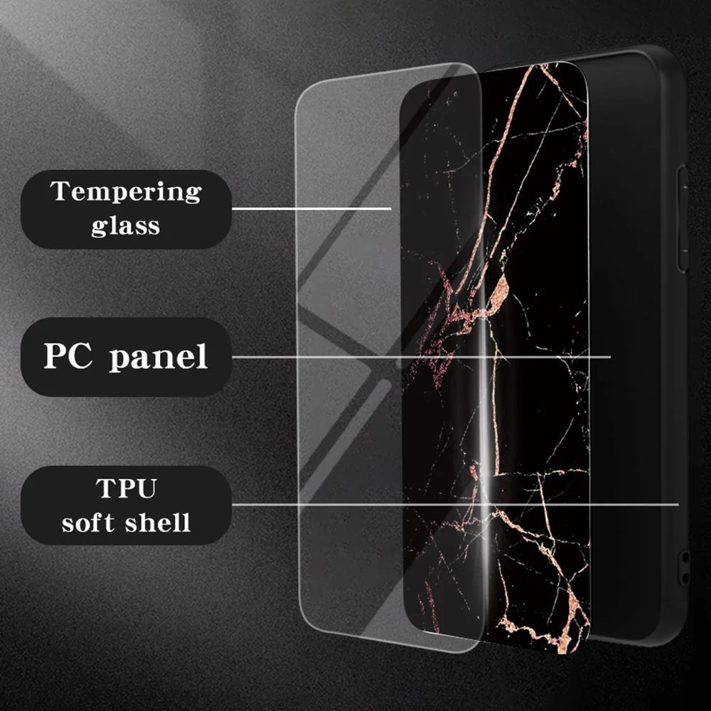 For Samsung Galaxy S25 Edge Case Marble Pattern Tempered Glass + PC + TPU Protective Phone Cover - Gold Black Marble - 2