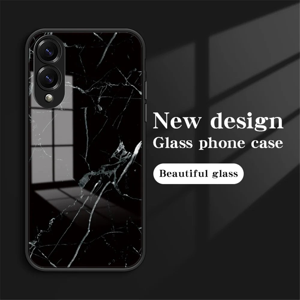 For Samsung Galaxy S25 Edge Case Marble Pattern Tempered Glass + PC + TPU Protective Phone Cover - Gold Black Marble - 3