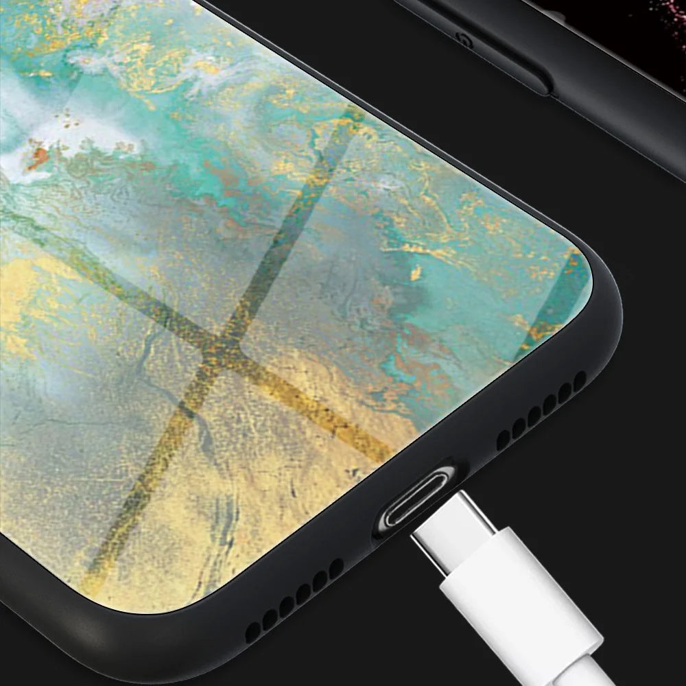 For Samsung Galaxy S25 Edge Case Marble Pattern Tempered Glass + PC + TPU Protective Phone Cover - Gold Black Marble - 6