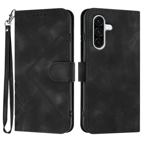 For Samsung Galaxy A36 5G Wallet Case Line Imprinted PU Leather Phone Cover with Strap - Black - 1