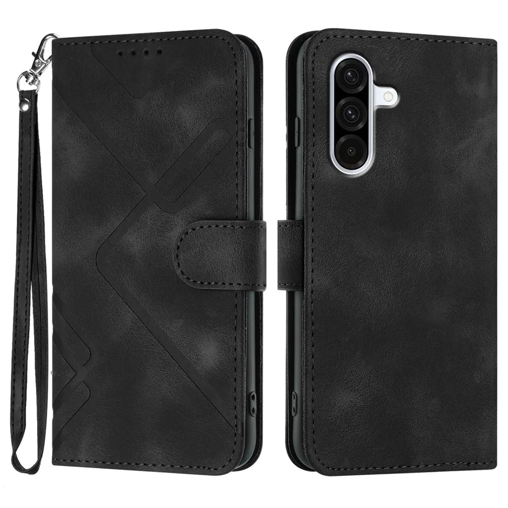 For Samsung Galaxy A36 5G Wallet Case Line Imprinted PU Leather Phone Cover with Strap - Black - 1
