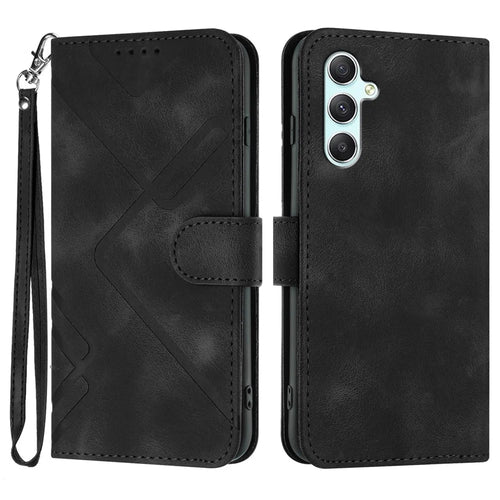 For Samsung Galaxy A34 5G Wallet Case Line Imprinted PU Leather Phone Cover with Strap - Black - 1