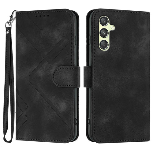 For Samsung Galaxy A25 5G (Global) (161.0 x 76.5 x 8.3mm) Wallet Case Line Imprinted PU Leather Phone Cover with Strap - Black - 1