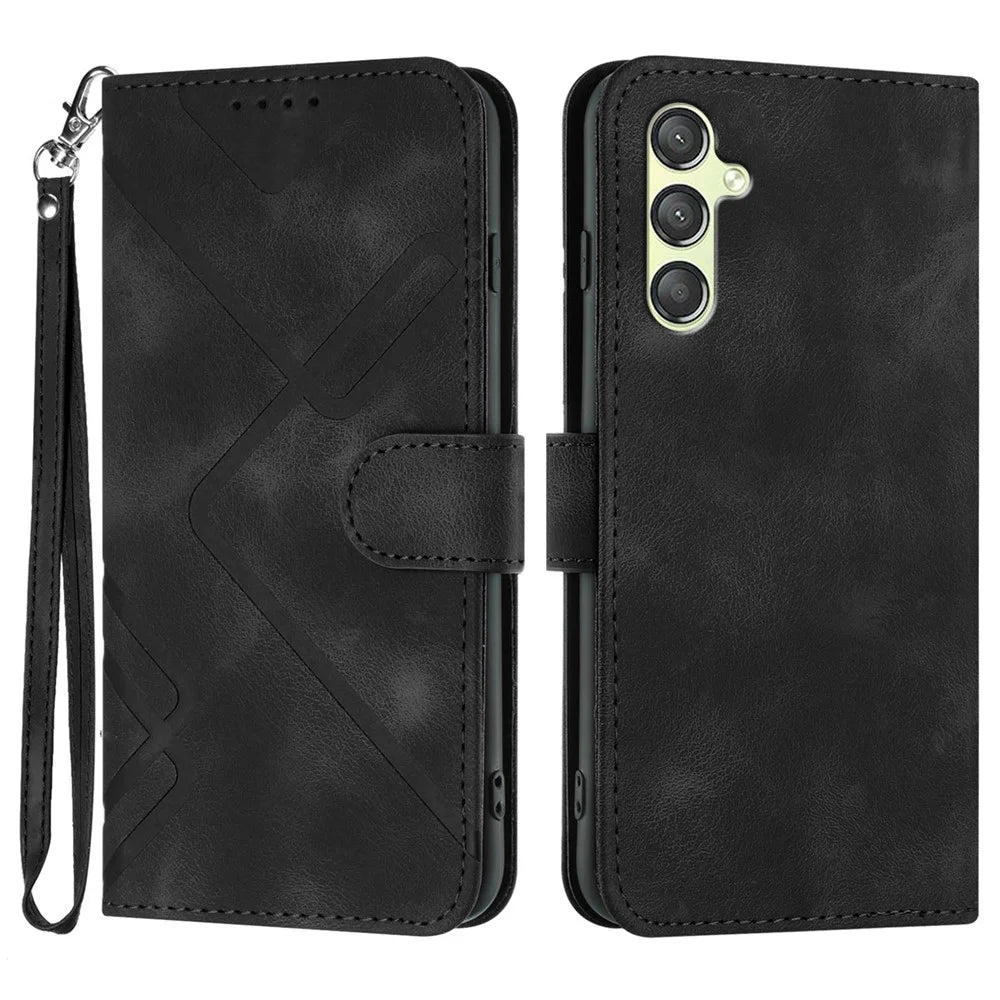 For Samsung Galaxy A24 4G (162.1 x 77.6 x 8.3mm) Wallet Case Line Imprinted PU Leather Phone Cover with Strap - Black - 1