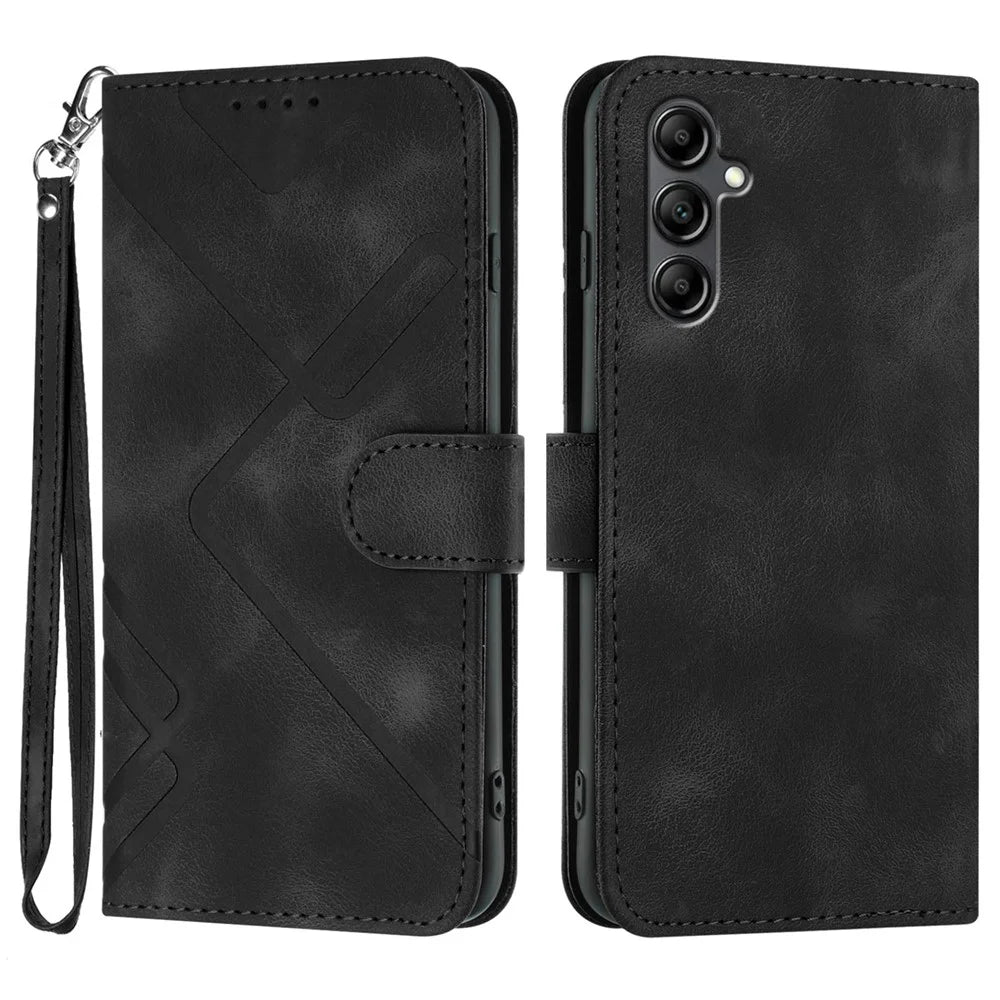 For Samsung Galaxy A15 5G / Galaxy A15 4G Wallet Case Line Imprinted PU Leather Phone Cover with Strap - Black - 1