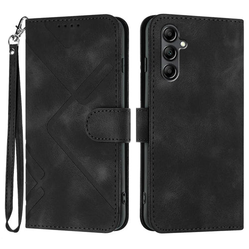 For Samsung Galaxy A15 5G / Galaxy A15 4G Wallet Case Line Imprinted PU Leather Phone Cover with Strap - Black - 1