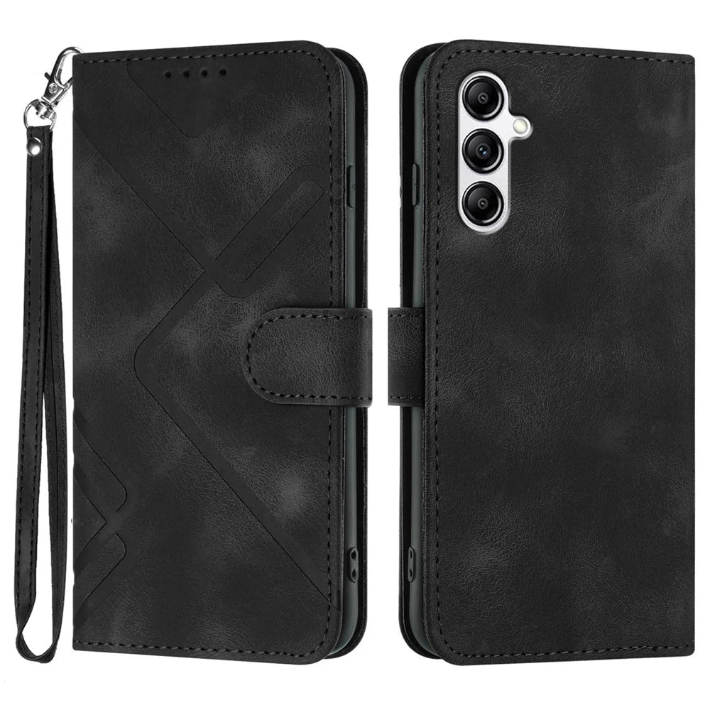 For Samsung Galaxy A14 4G / Galaxy A14 5G Wallet Case Line Imprinted PU Leather Phone Cover with Strap - Black - 1