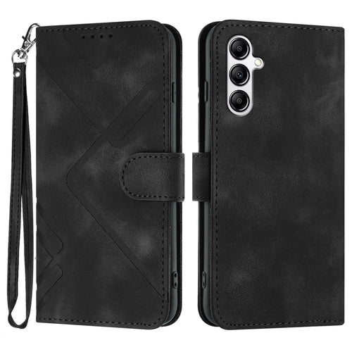 For Samsung Galaxy A14 4G / Galaxy A14 5G Wallet Case Line Imprinted PU Leather Phone Cover with Strap - Black - 1