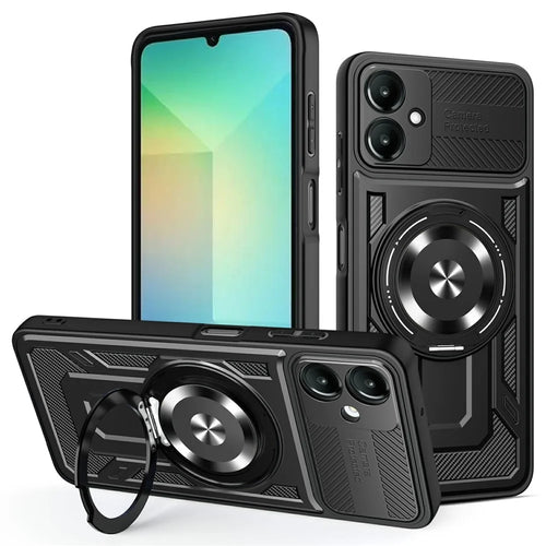 For Samsung Galaxy A06 4G Magnetic Case Rotating Kickstand TPU + PC Phone Cover - Black - 1