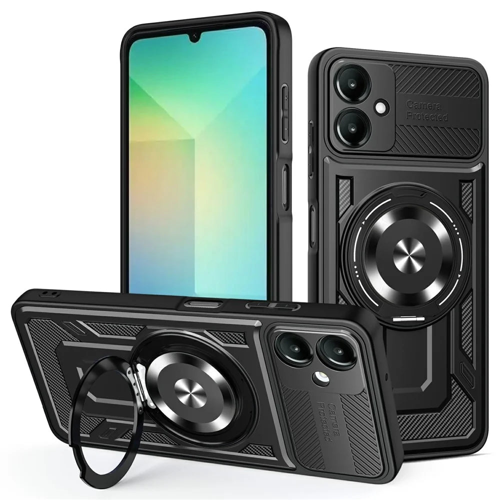 For Samsung Galaxy A06 4G Magnetic Case Rotating Kickstand TPU + PC Phone Cover - Black - 1