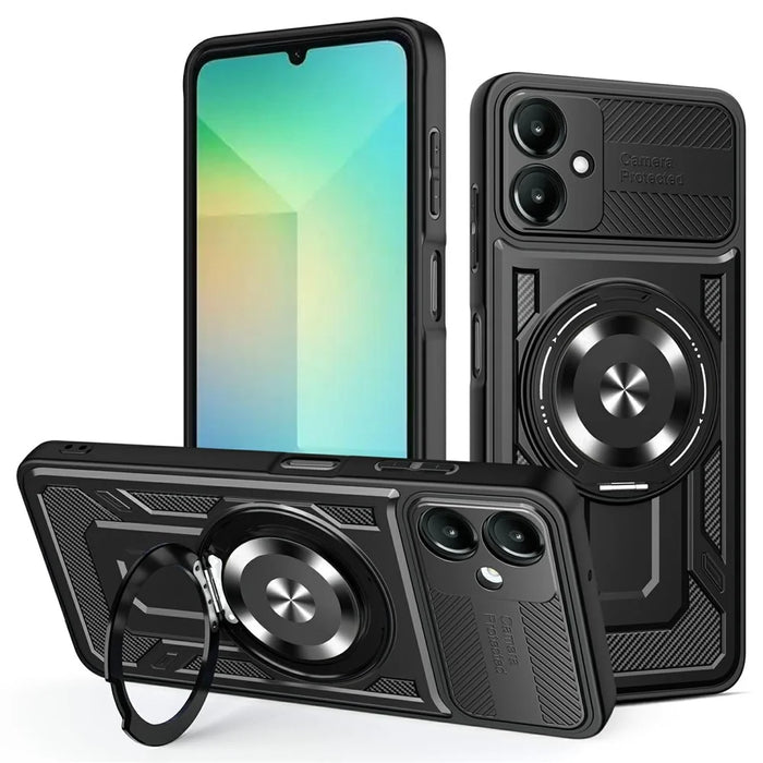 For Samsung Galaxy A06 4G Magnetic Case Rotating Kickstand TPU + PC Phone Cover - Black - 1