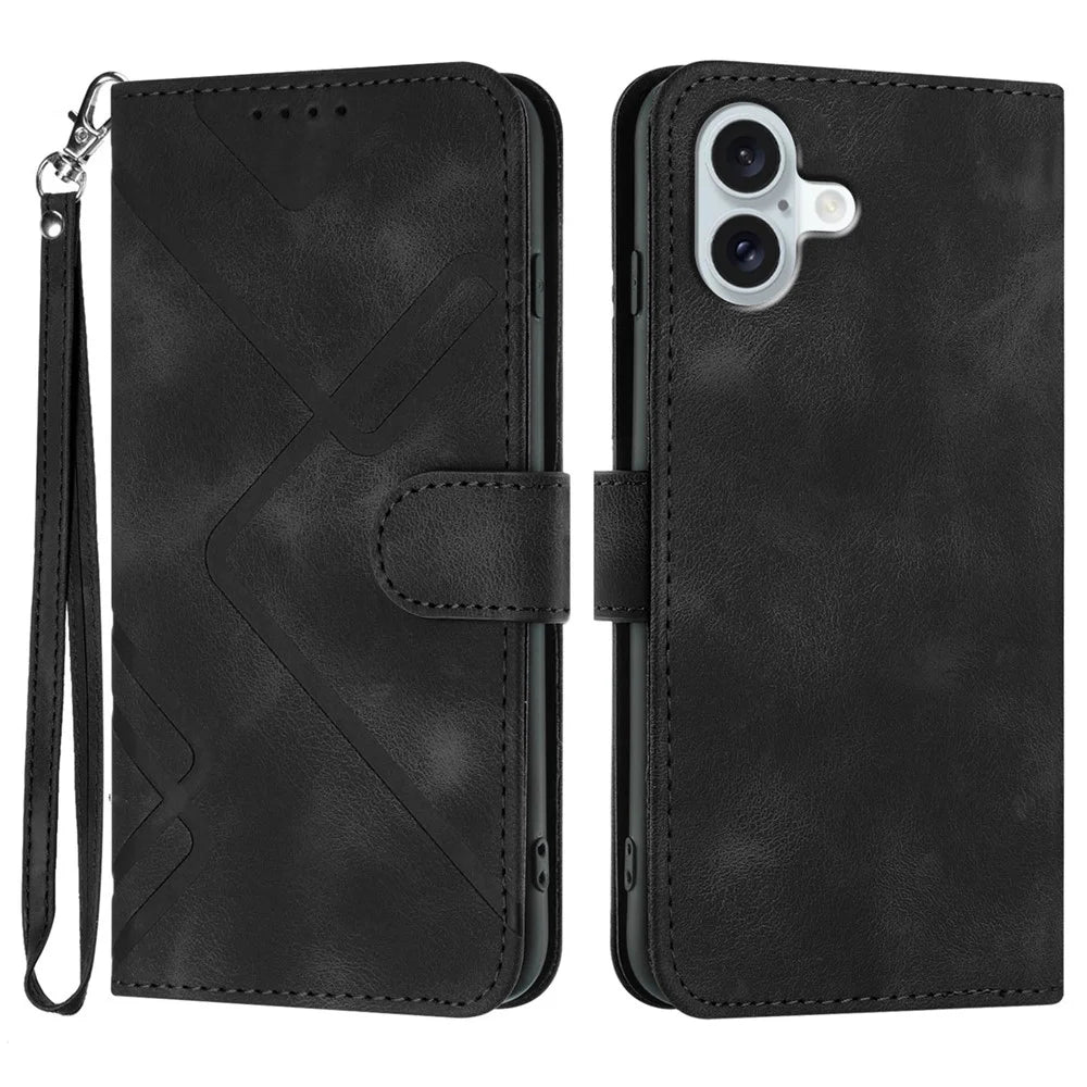 For iPhone 16 Plus Wallet Case Line Imprinted PU Leather Phone Cover with Strap - Black - 1