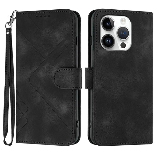 For iPhone 16 Pro Wallet Case Line Imprinted PU Leather Phone Cover with Strap - Black - 1