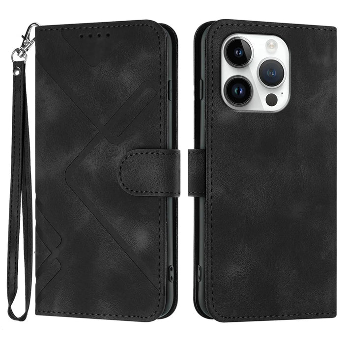For iPhone 16 Pro Wallet Case Line Imprinted PU Leather Phone Cover with Strap - Black - 1