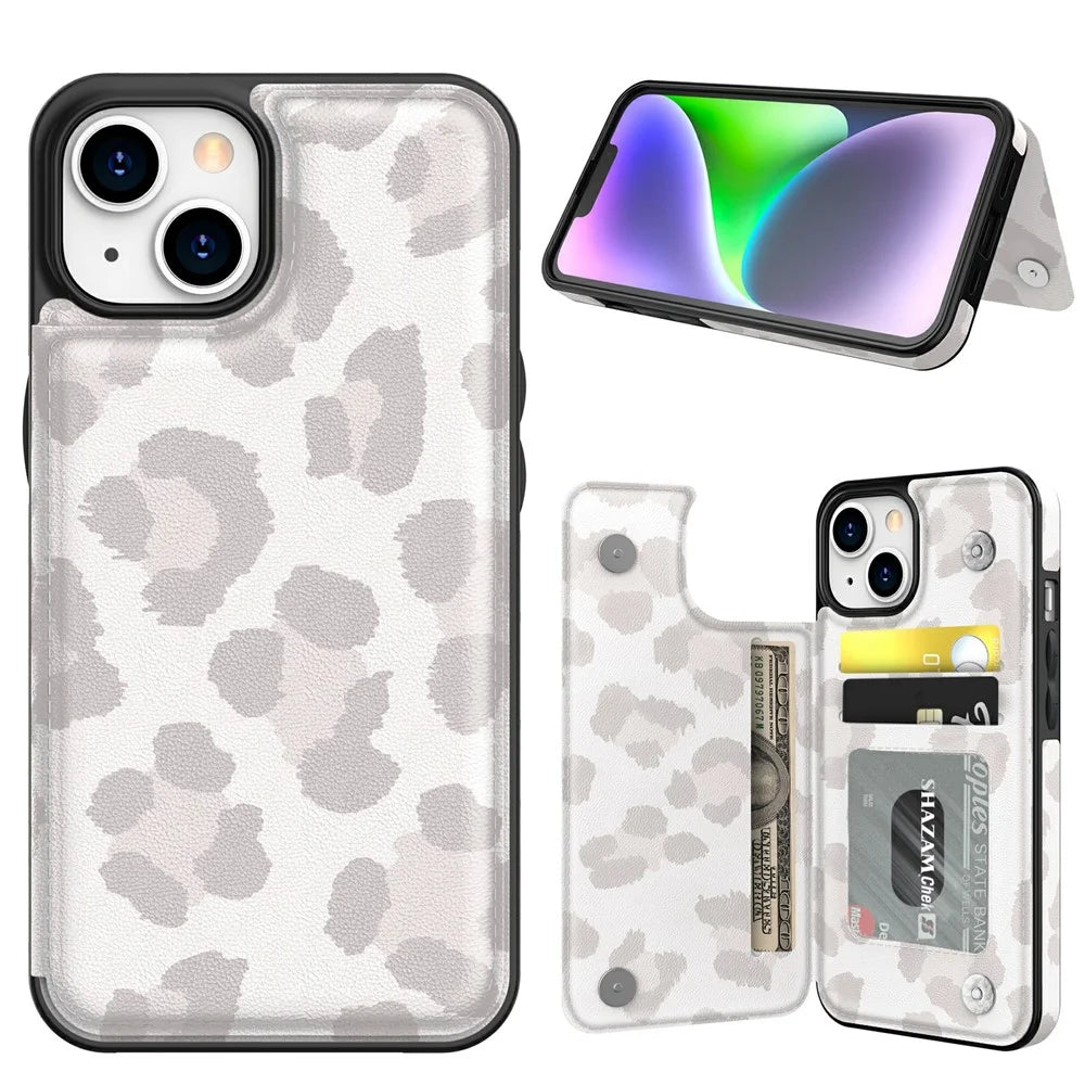 AHASTYLE WG08 For iPhone 14 Case Pattern Printing Wallet Kickstand Anti Drop Leather Phone Back Cover - Leopard - 1