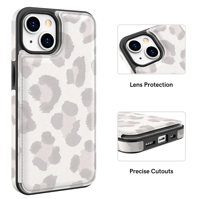 AHASTYLE WG08 For iPhone 14 Case Pattern Printing Wallet Kickstand Anti Drop Leather Phone Back Cover - Leopard - 4