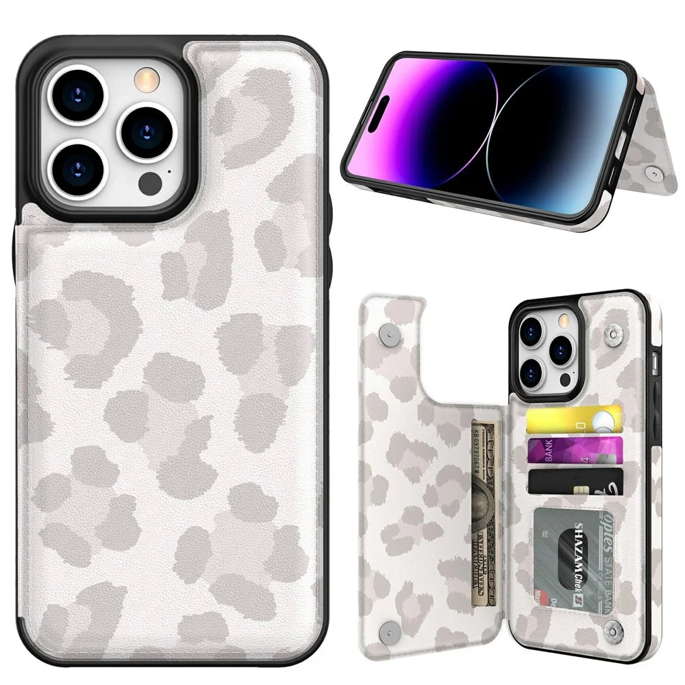 AHASTYLE WG08 For iPhone 14 Pro Max Case Pattern Printing Wallet Kickstand Anti Drop Leather Phone Back Cover - Leopard - 1