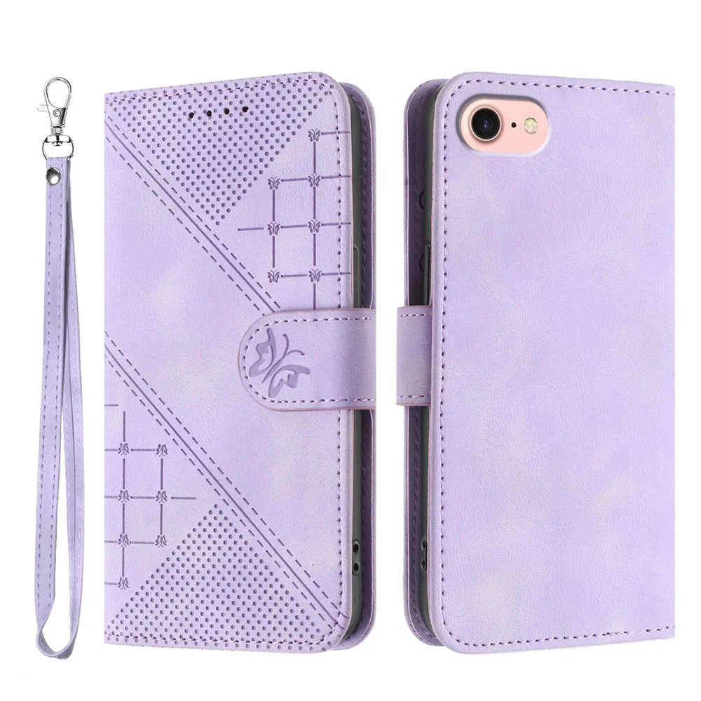 For iPhone 17e / 16e Leather Wallet Case Butterfly Flower Imprinted Phone Cover with Strap - Purple - 1