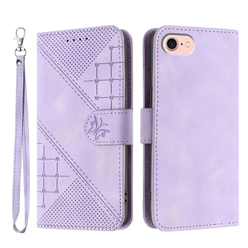 For iPhone 17e / 16e Leather Wallet Case Butterfly Flower Imprinted Phone Cover with Strap - Purple - 1